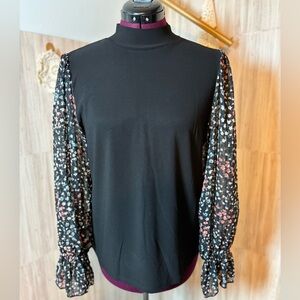 CeCe Black Top Mock neck with Floral Sheer Sleeves